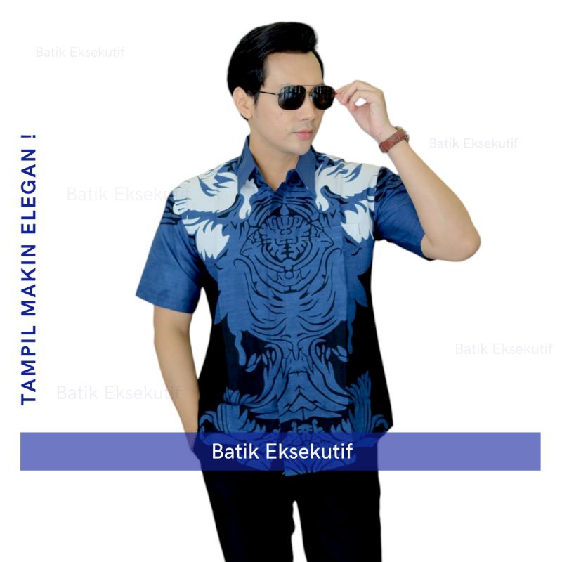 Batik Pria PREMIUM Batik SLIMFIT Lengan PENDEK Merak pastel kombinasi hitam Batik Laskar Dongker Sli