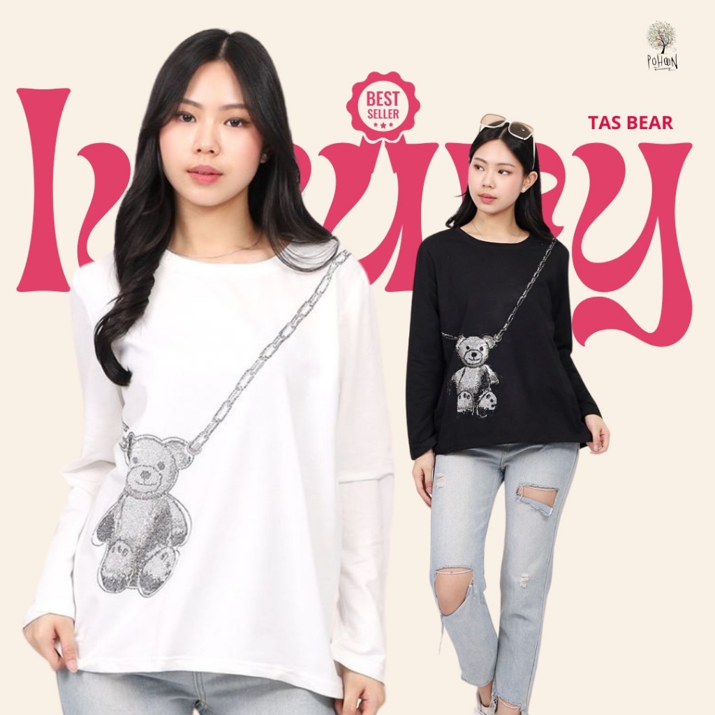 KAOS LUXURY MOTIF BERUANG TAS LONGSLEVE HIJAB ATASAN WANITA KATUN KOREAN FASHION BKK BANGKOK PREMIUM