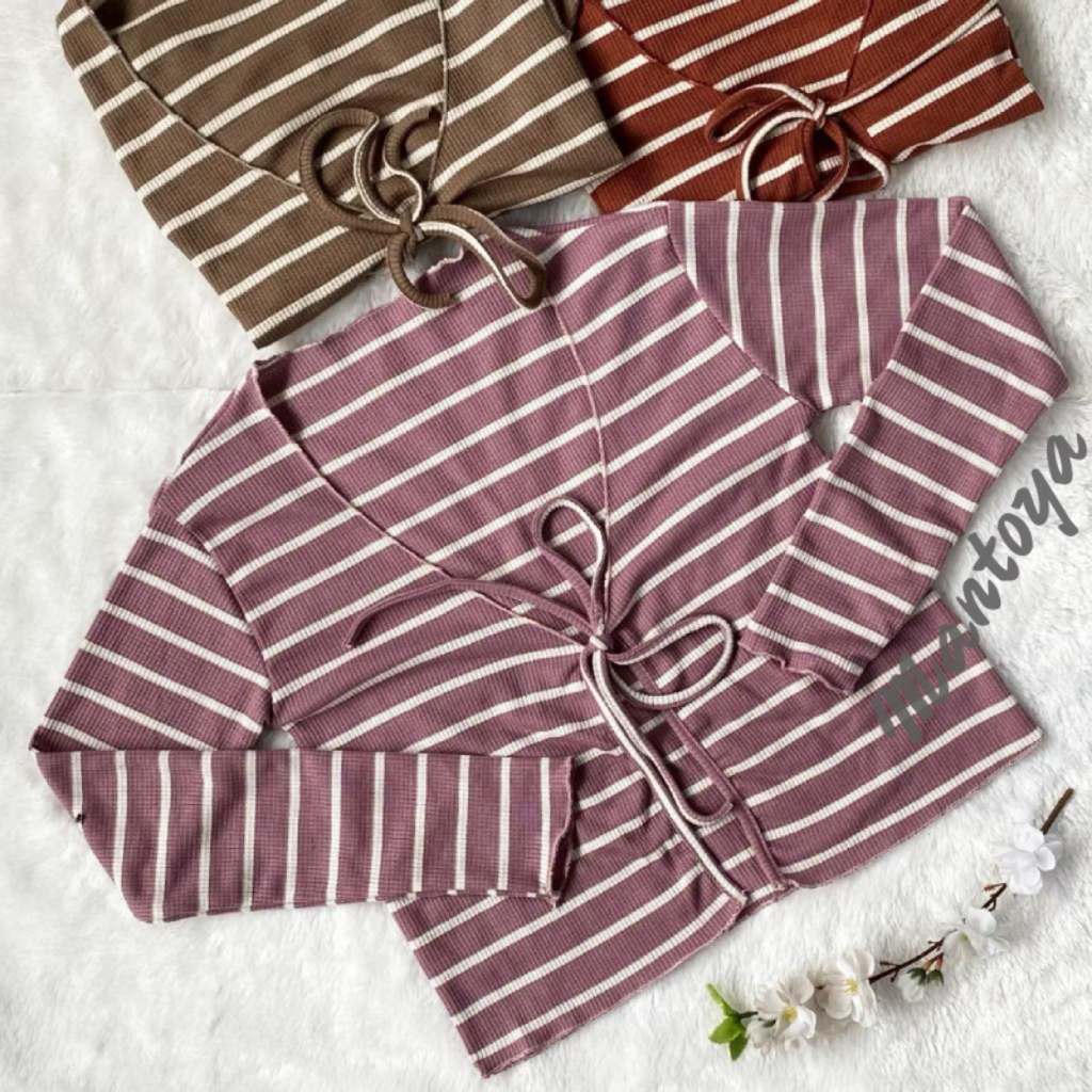 Cardigan Crop Salur Knit Wanita Lengan Panjang Stripe Outer