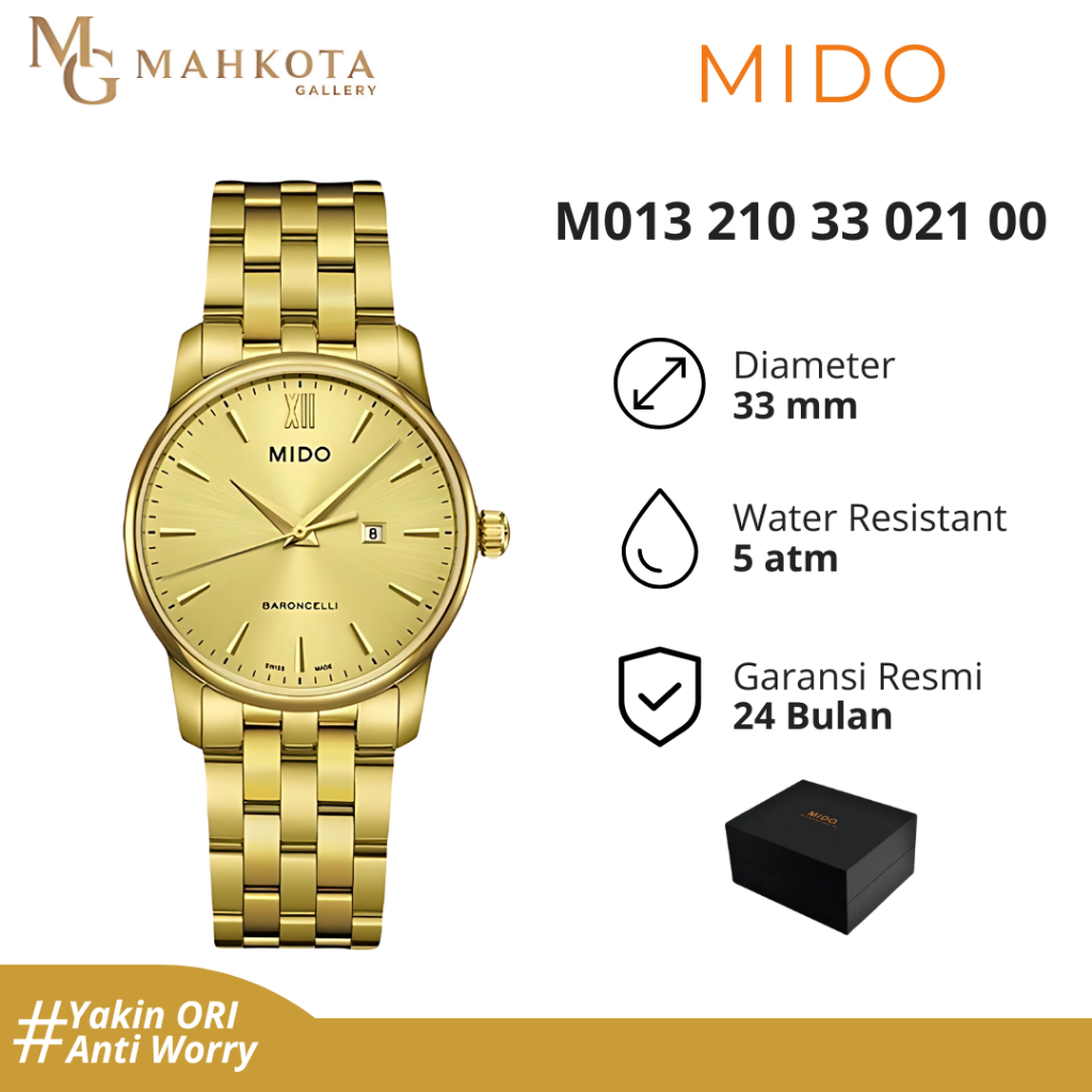 MIDO M013.210.33.021.00 Baroncelli Gold Stainless Steel Jam Tangan Wanita