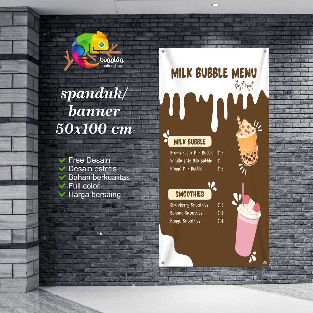 Cetak Spanduk Banner Brown and White Minimalist Milk Boba Menu