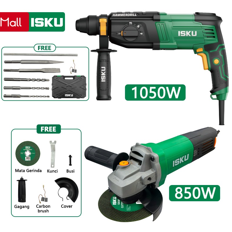 ISKU Hammer Drill Set Bor Drill Bor Beton Drill Mesin 750W Isku Mesin Gerinda Tangan 500W Set penggi