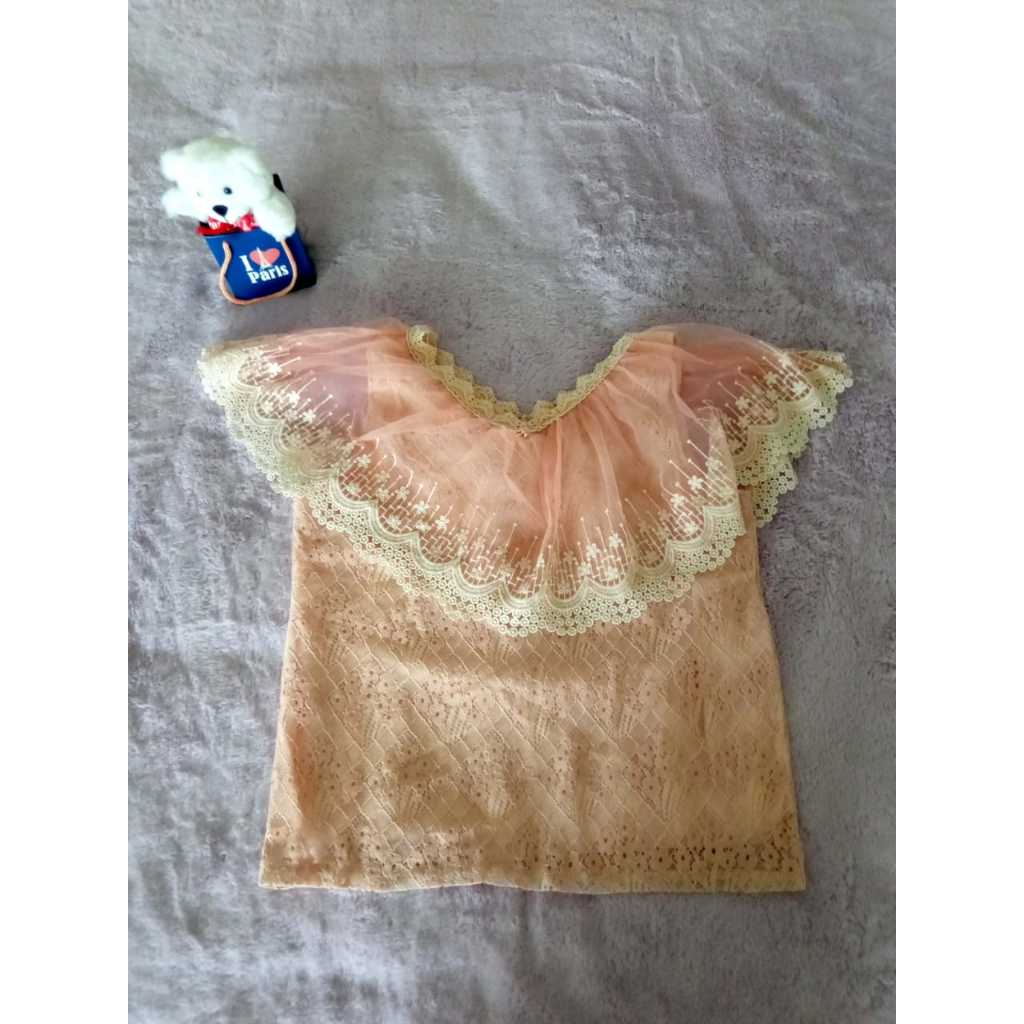 Blouse wanita bahan brokat warna pink peace. (Pre-Loved)