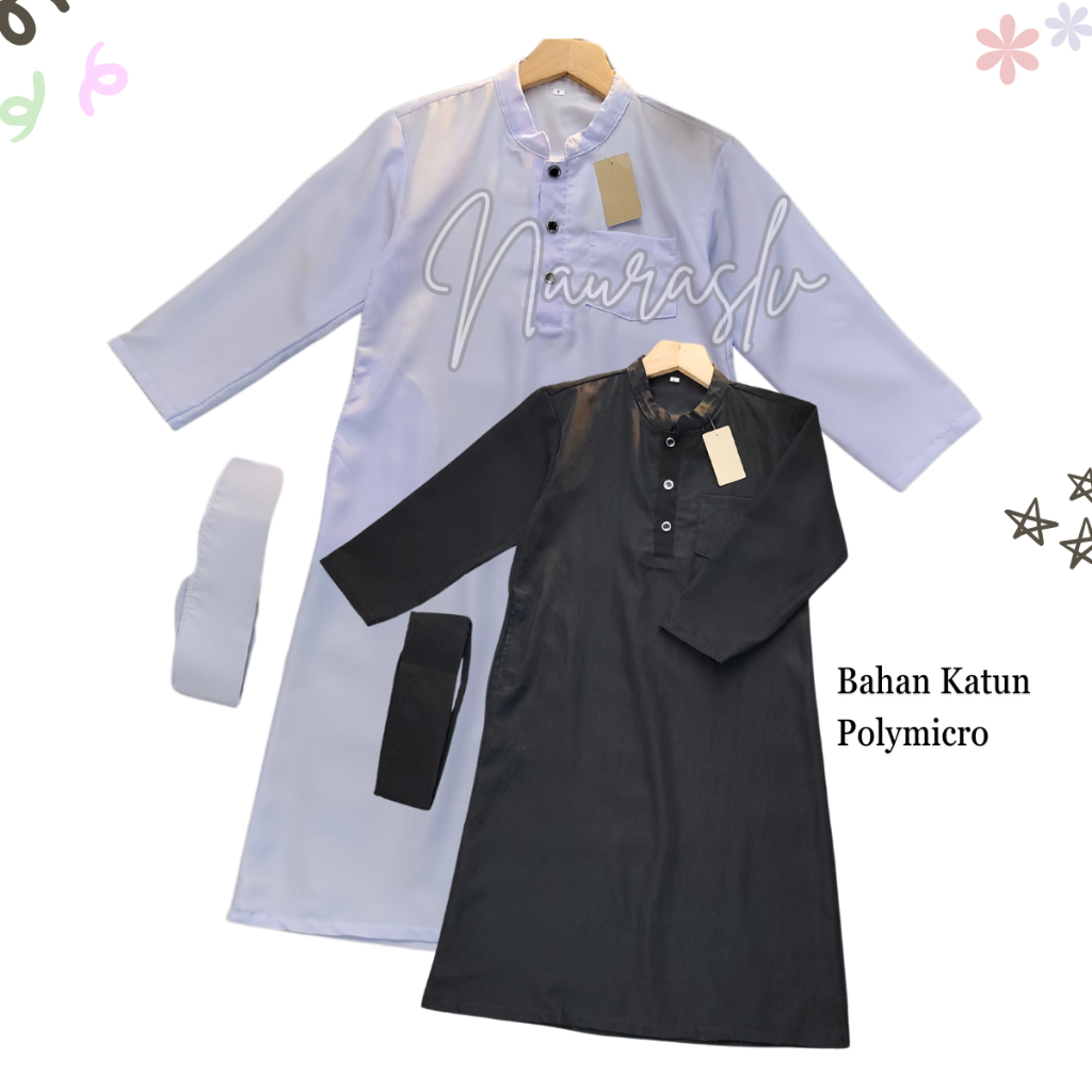 Jubah polos  anak laki laki usia 1 sampai 12 tahun Baju gamis anak cowok hitam putih set peci