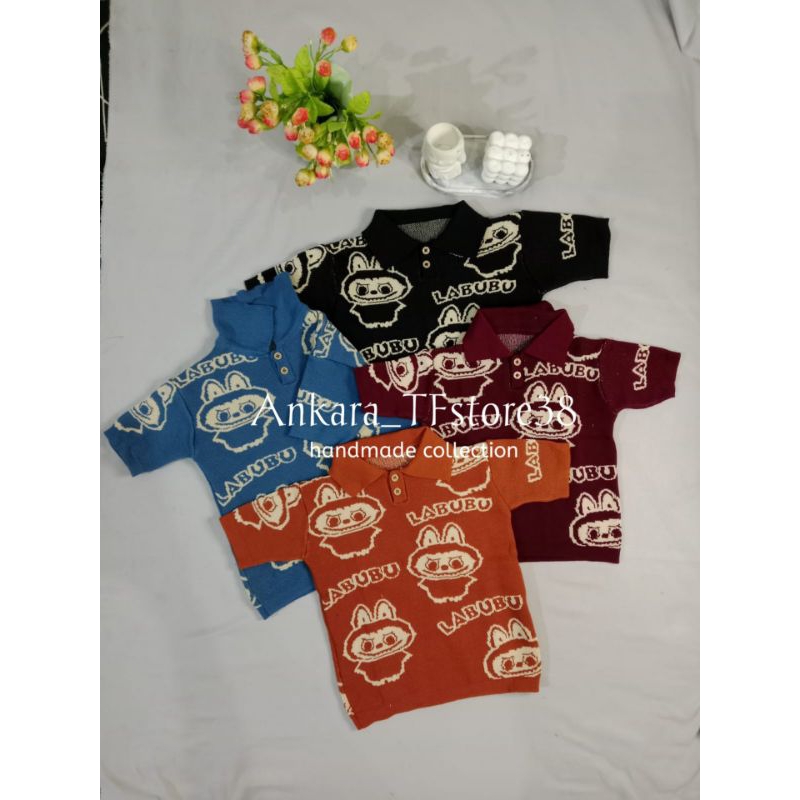 Baju kaos labubu rajut anak Laki-laki & perempuan model polo motif rajutan bahan PE polyester Gramis