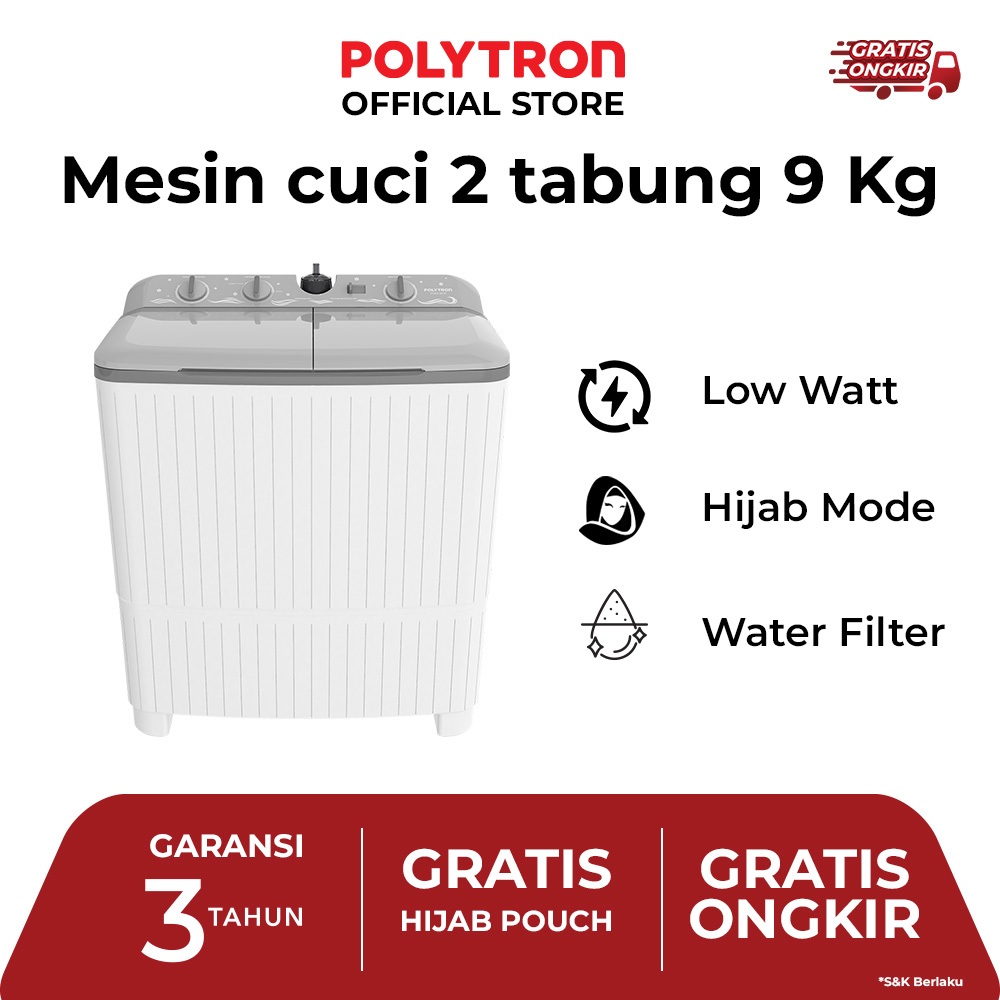 POLYTRON Mesin Cuci 2 Tabung Giant Series Hijab 9 KG - PWM 9076Y