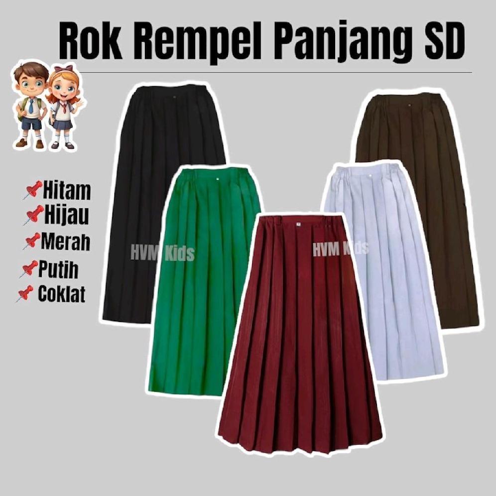 Seragam Sekolah Rok Panjang SD Rempel Lipit Plisket Pinggang Karet Warna Merah Putih Cokelat Pramuka