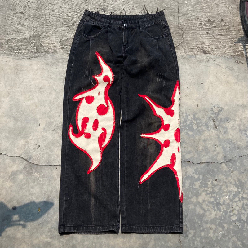 Celana Baggy Black Washed Custom Reworked Unfinished Style Second