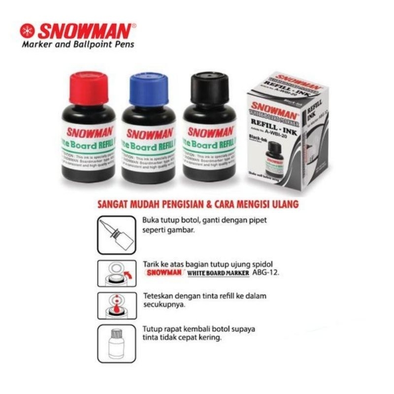 

Tinta reffil spidol WHITEBOARD SNOWMAN WBI-20 ( MERAH/BIRU/HITAM