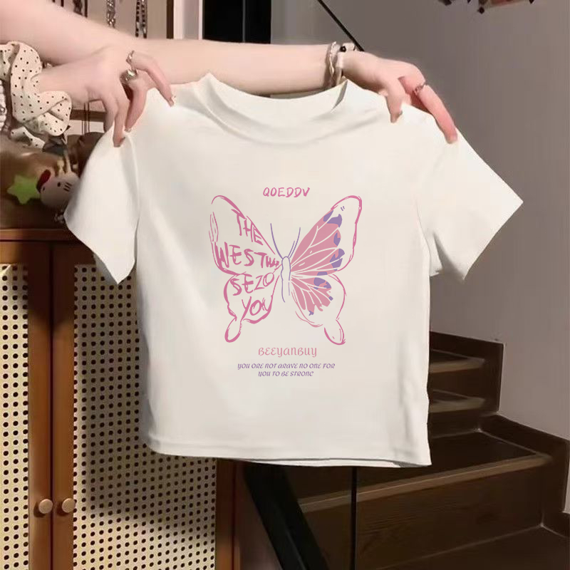 PremiumSlimfit Crop Top Kaos Crewneck Wanita - Kupu kupu Printed - Crop Tee Korea Atasan - 006