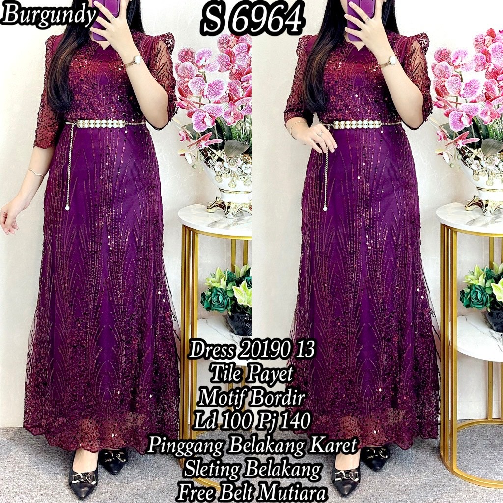 6964 #Longdress Tile Payet Bordir Free Belt Mutiara Gaun Pesta Wanita 20190 13