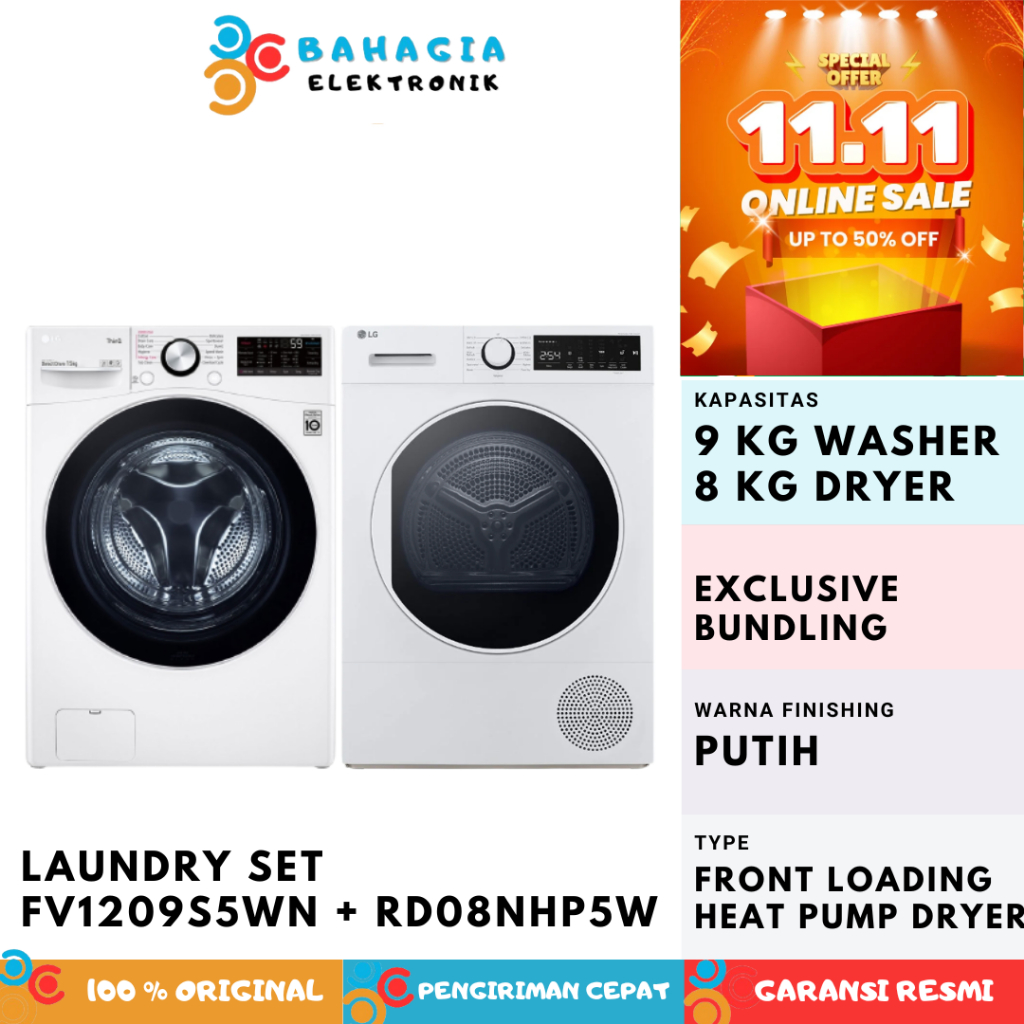 LG Paket Laundry Mesin Cuci Front Loading 9 Kg + Dryer Heatpump 8 Kg