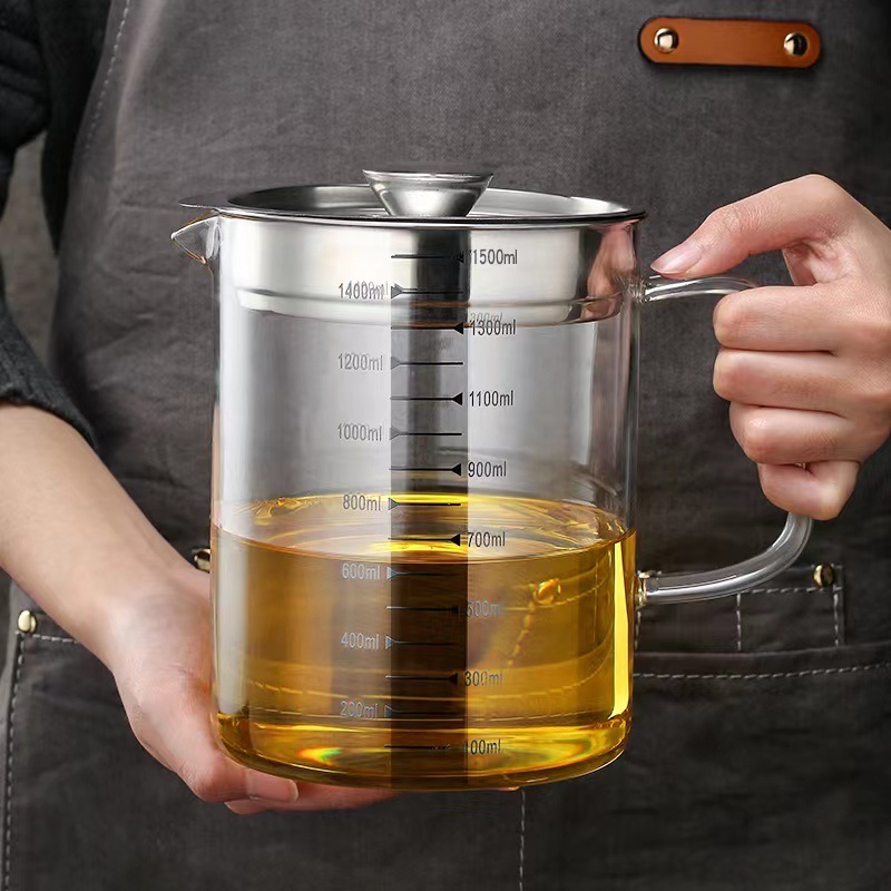1800ml Oil Pot Wadah Penyaring Minyak Tempat Penyaringan Wadah Saringan Minyak Botol Kaca Penyaring