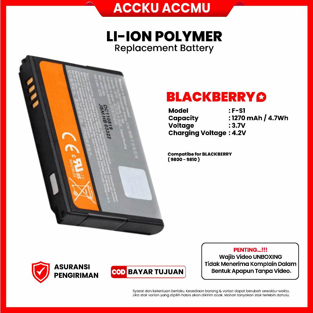 9800 99%BateraiBlackberry9800 / 9810 / F-S1BatteryBBTorch 1  9800Battery Baterai BatreBlackberryTorc