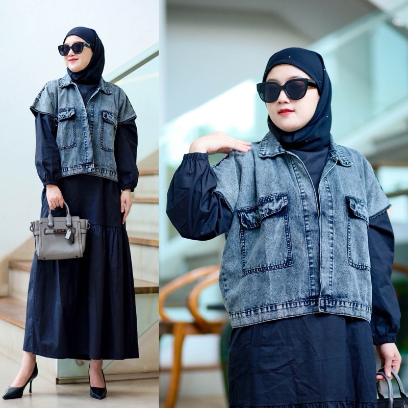 rnf - fuji midi dress set vest rompi jeans denim