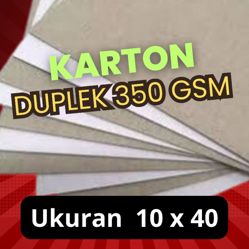 

Karton Duplek 350 gsm Ukuran 10 x 39cm Harga 1 Pack isi 50lbr Rp 15.000. 1