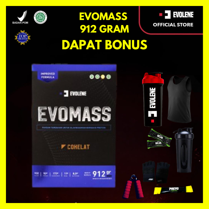 

Evolene Evomass Coklat Hazelnut 912gr/4x serving Surplus kalori Susu Mass Gainer BPOM HALAL ORI