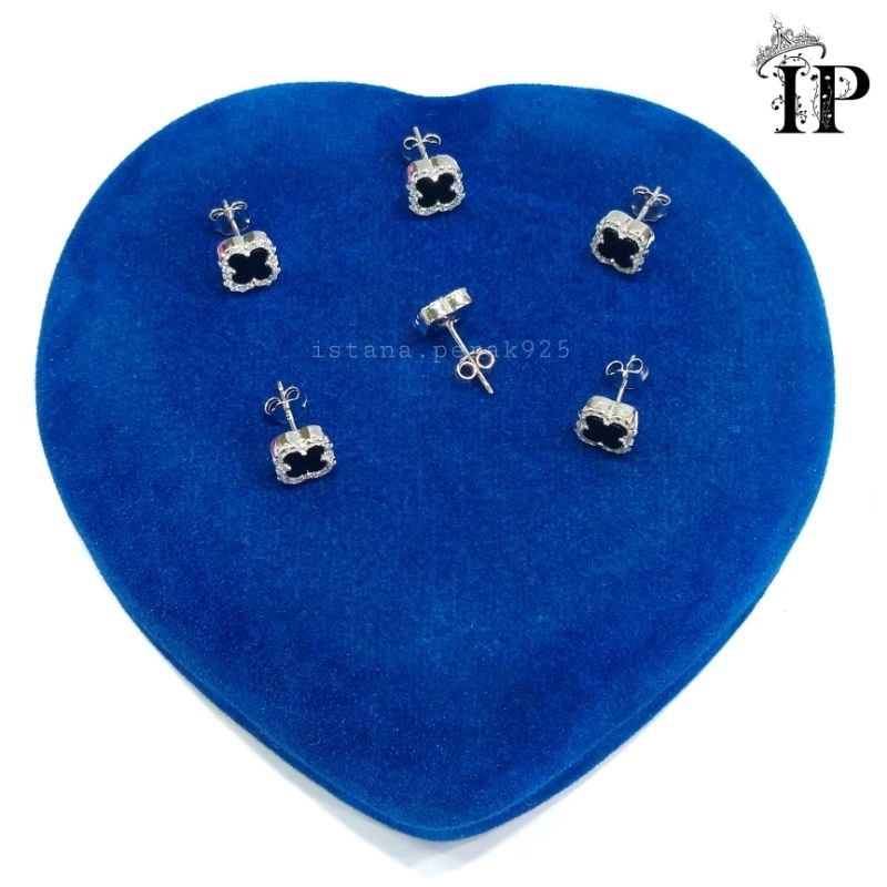 Giwang Perak Asli 925 Silver Lapis Emas Putih - Model Vancleef Bunga Clover hitam Permata - Perhiasa