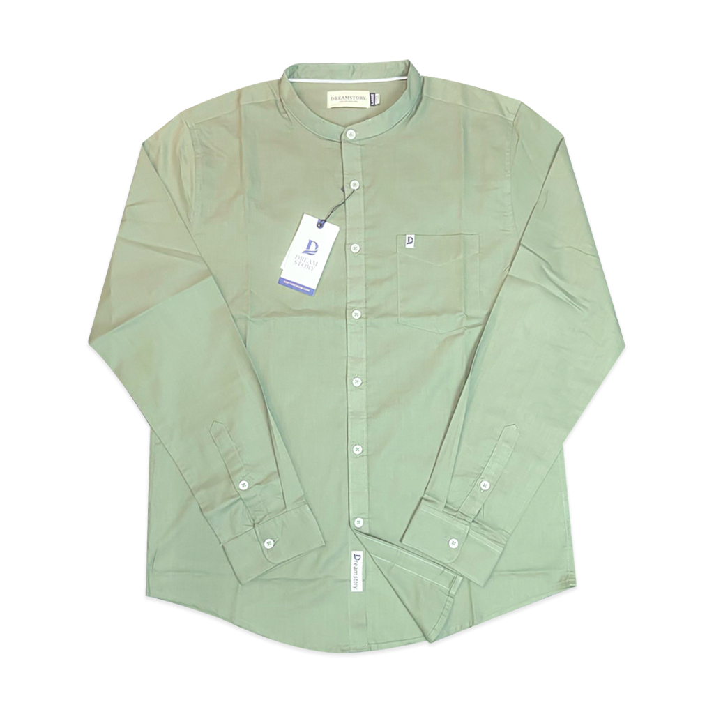 DREAM STORY - Kemeja Koko Pria Shanghai Pocket Cotton Linen Sage green Lengan Panjang