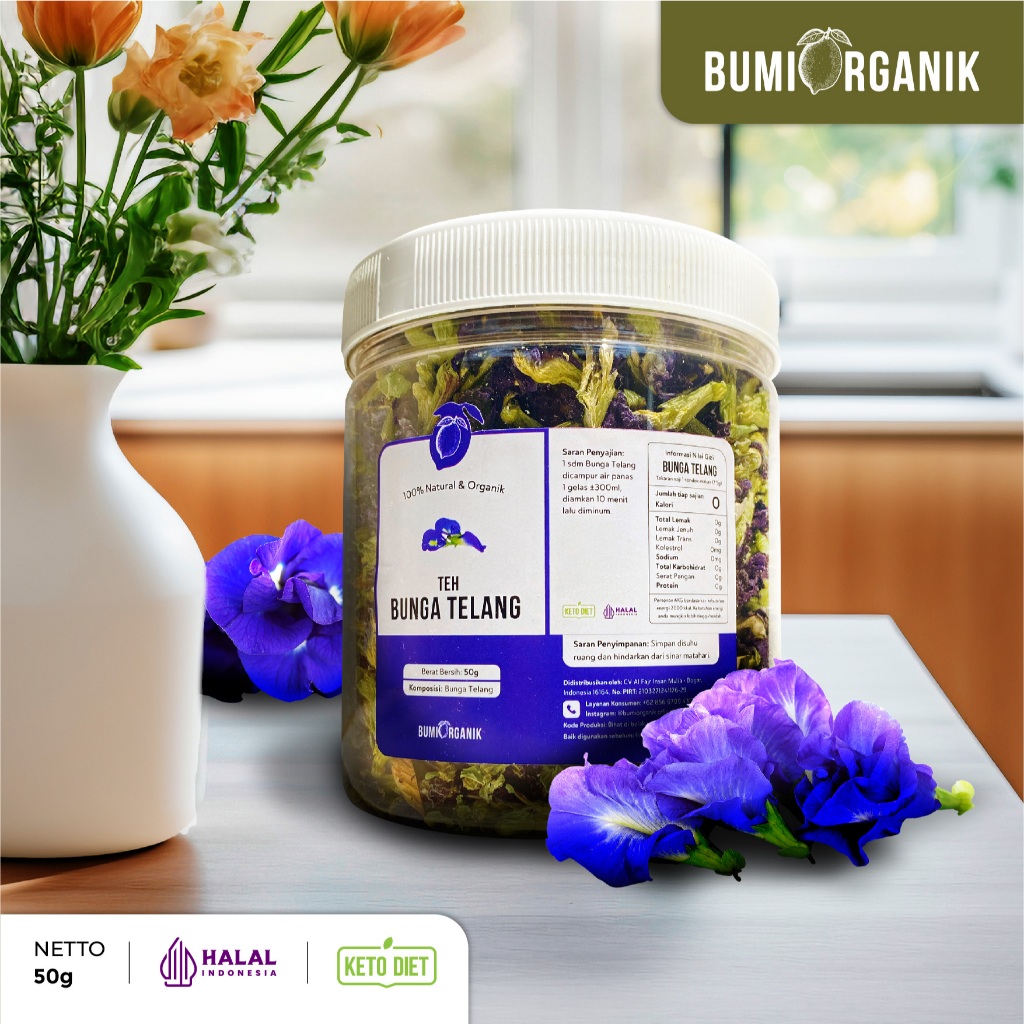 

TEH BUNGA TELANG KERING SEGAR ORGANIK 50G BUMI ORGANIK / BUTTERFLY PEA ORGANIC BLUE PEA / CHAMOMILE TEA ORIGINAL / TEH DIET / BUNGA TELANG KERING 1KG / BUBUK BUNGA TELANG / KEMBANG TELANG KERING / NUTRIFARM / BEORGANIK / DARI BUMI / SAFIYA / GALLEO