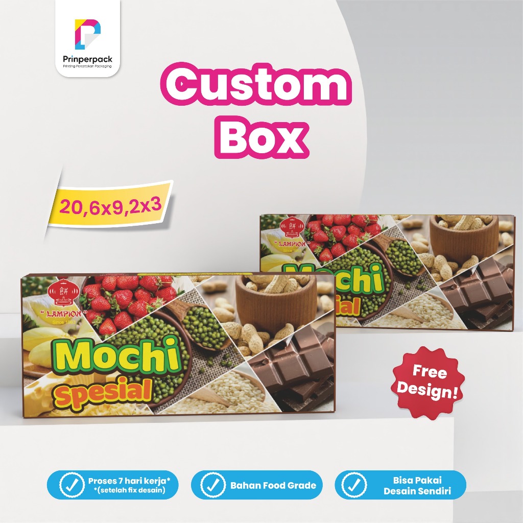 

Dus mochi custom 20,6x9,2x3 cetak pakai logo sendiri/kemasan cetak/branding kemasan/ box mochi custom/bebas custom desain/packaging murah/branding dus/dus custom cetak/gratis desain kemasan