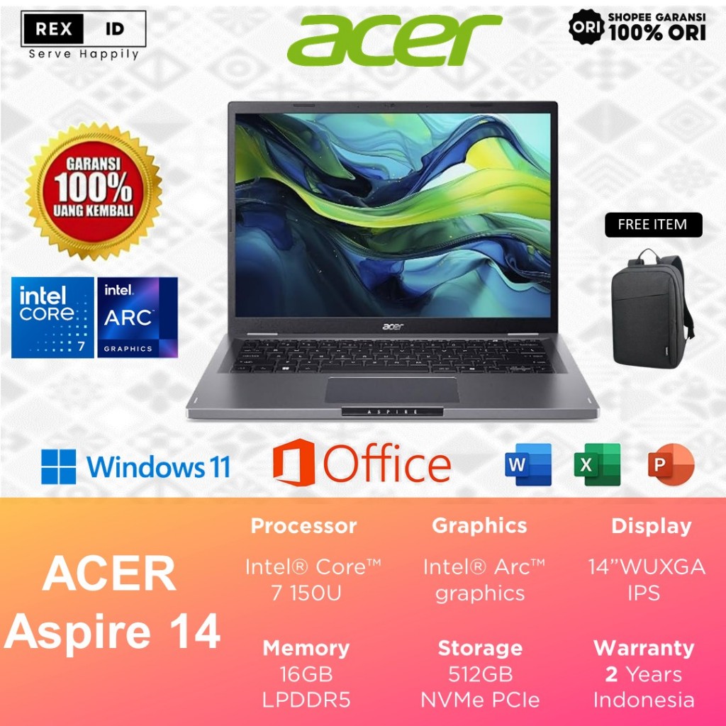 Laptop Acer Aspire Core i7-150U 16GB 512GB 14.0" WUXGA IPS Win11+OHS - Acer Aspire A14-51M-70C1