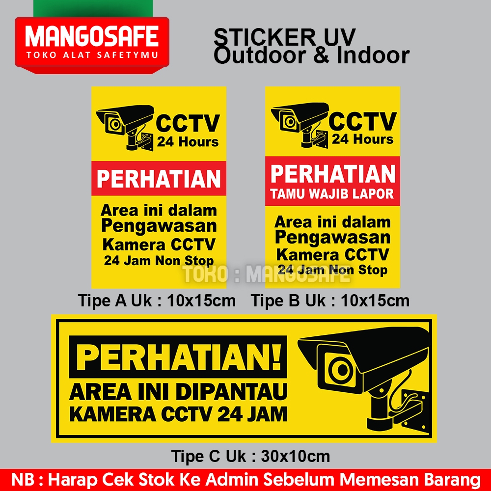 

Stiker Perhatian Kawasan CCTV Area ini di Pantau CCTV 24 Jam Tamu Harap Lapor / Sticker UV Indoor Outdoor Tahan Panas Air Minyak / Tanda Rambu Safety K3 Peringatan Warning Sign Label