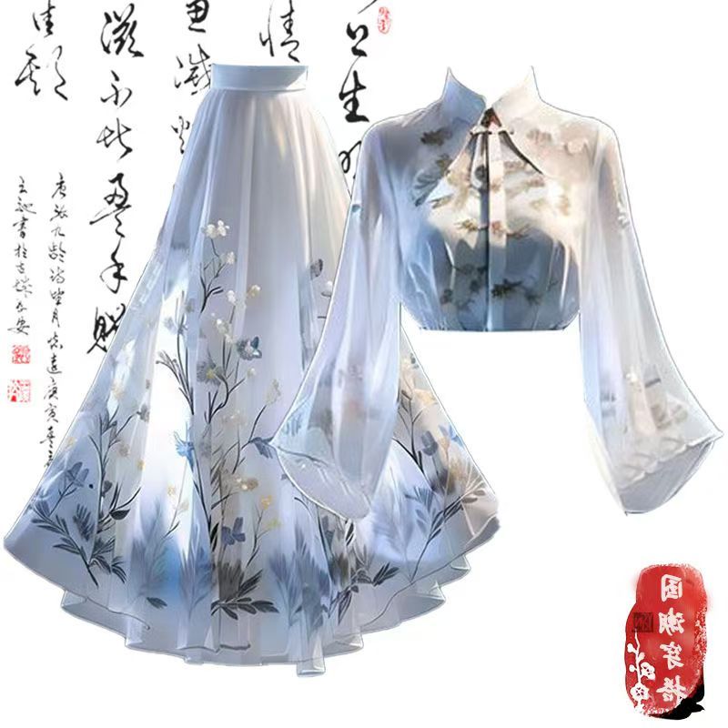Setelan Dua Potong Wanita, Kemeja Rok Hanfu Gaya Tiongkok Baru
