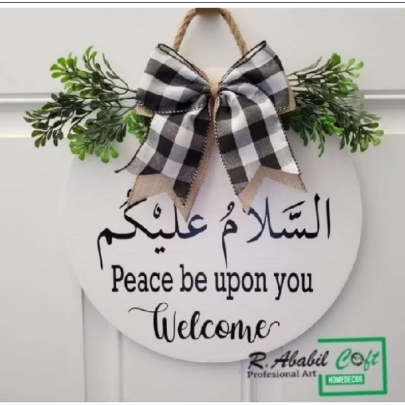Hiasan pajangan pintu Aesthetic Assalamualaikum Welcome bentuk bulat with daun Artificial