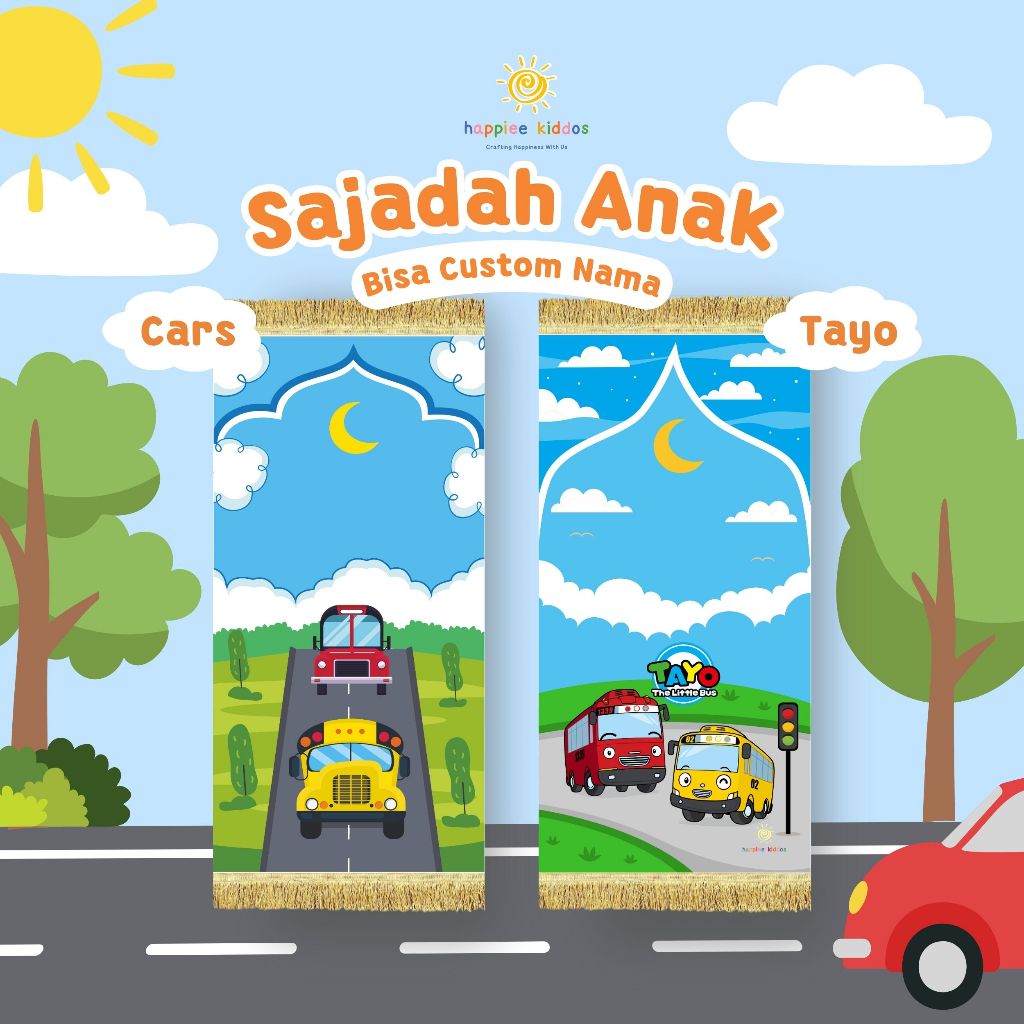 Sajadah Anak Motif Cars & Tayo - Gratis Pakai Nama - Sajadah Printing Halus Ada Busa Antislip