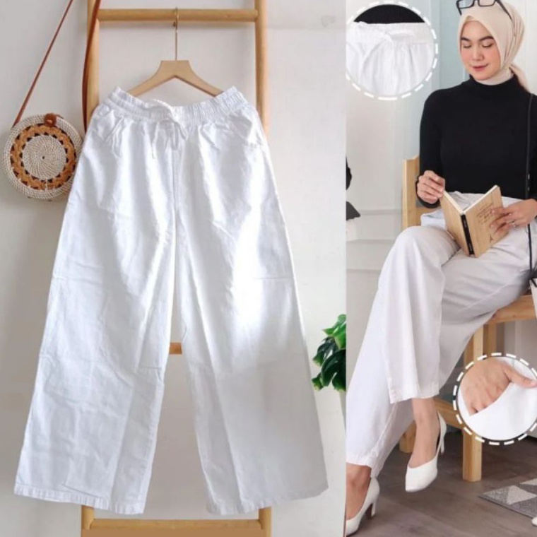 KODE A77W KULOT JEANS PUTIH PINGGANG FULL KARET  KULOT WARNA HITAM PUTIH CREAM COKLAT KULOT MOZZA PI