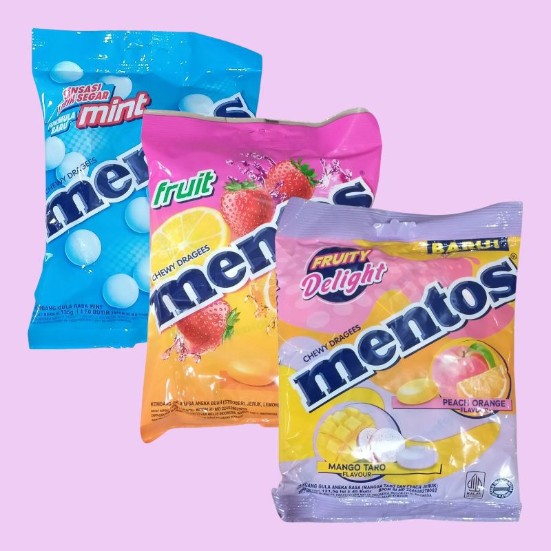 

MENTOS Chewy Dragees Mint, Peach Orange & Fruit Permen 130gr [1 sak]