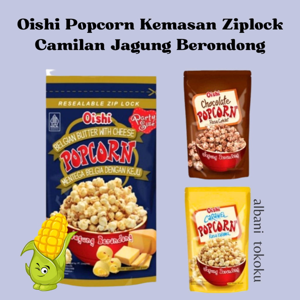 

Oishi Popcorn Kemasan Ziplock 100 gr - Coklat - Karamel - Mentega Belgia - Snack Jagung