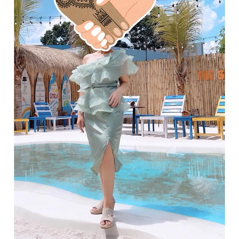 dress pesta organza dan satin hijau mint