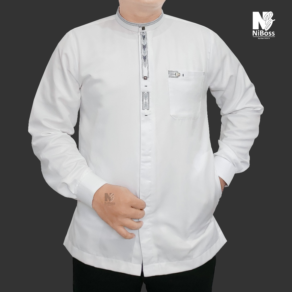 Baju Koko Pria Lengan Panjang Putih Tulang Kemko Dewasa Bordir Simpel Premium Busana Muslim Taqwa