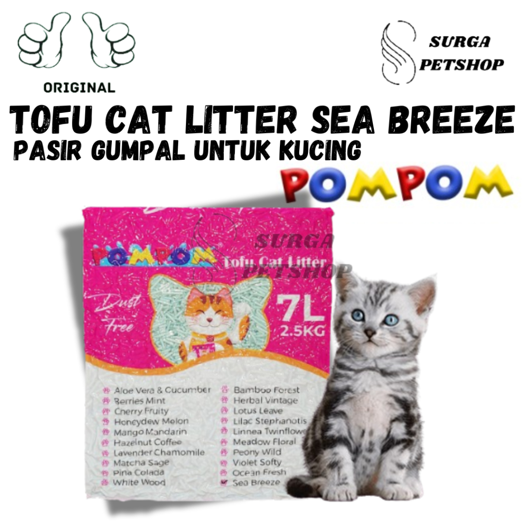 POMPOM Tofu Cat Litter Sea Breeze 7 L 2,5 kg Pasir Gumpal Untuk Kucing Flushable Aroma 7 Liter 7L da