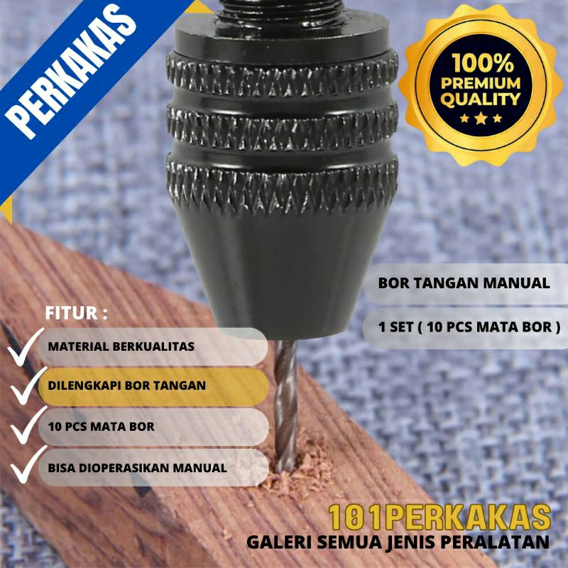 Bor tangan manual HSS Twist Drill + 10 Mata bor untuk kayu hingga karet, dari plastik hingga logam r