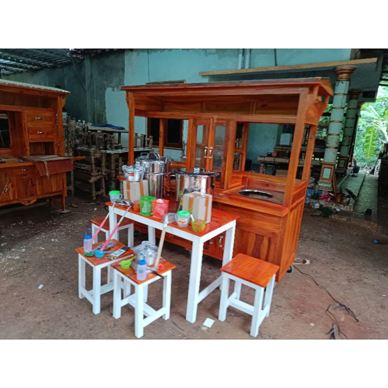 GEROBAK MIE AYAM BAKSO KOMPLIT  DAN SATU SET MEJA KAYU MAHONI