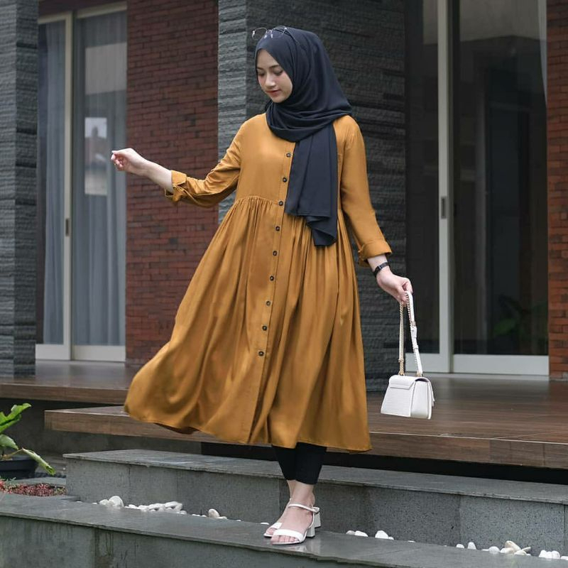 Hemat Ashila Tunik - Atasan Wanita Uniqlo Original Full Kancing Tunik Kekinian Terbaru
