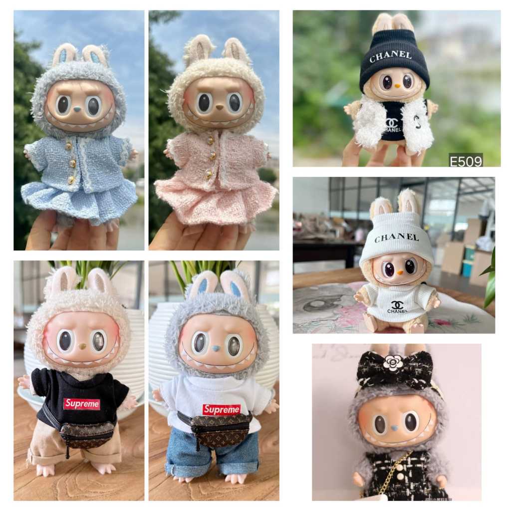 Pop mart costume labubu doll the monster boneka labubu baju kostum dress Chanel supreme tweed set pi