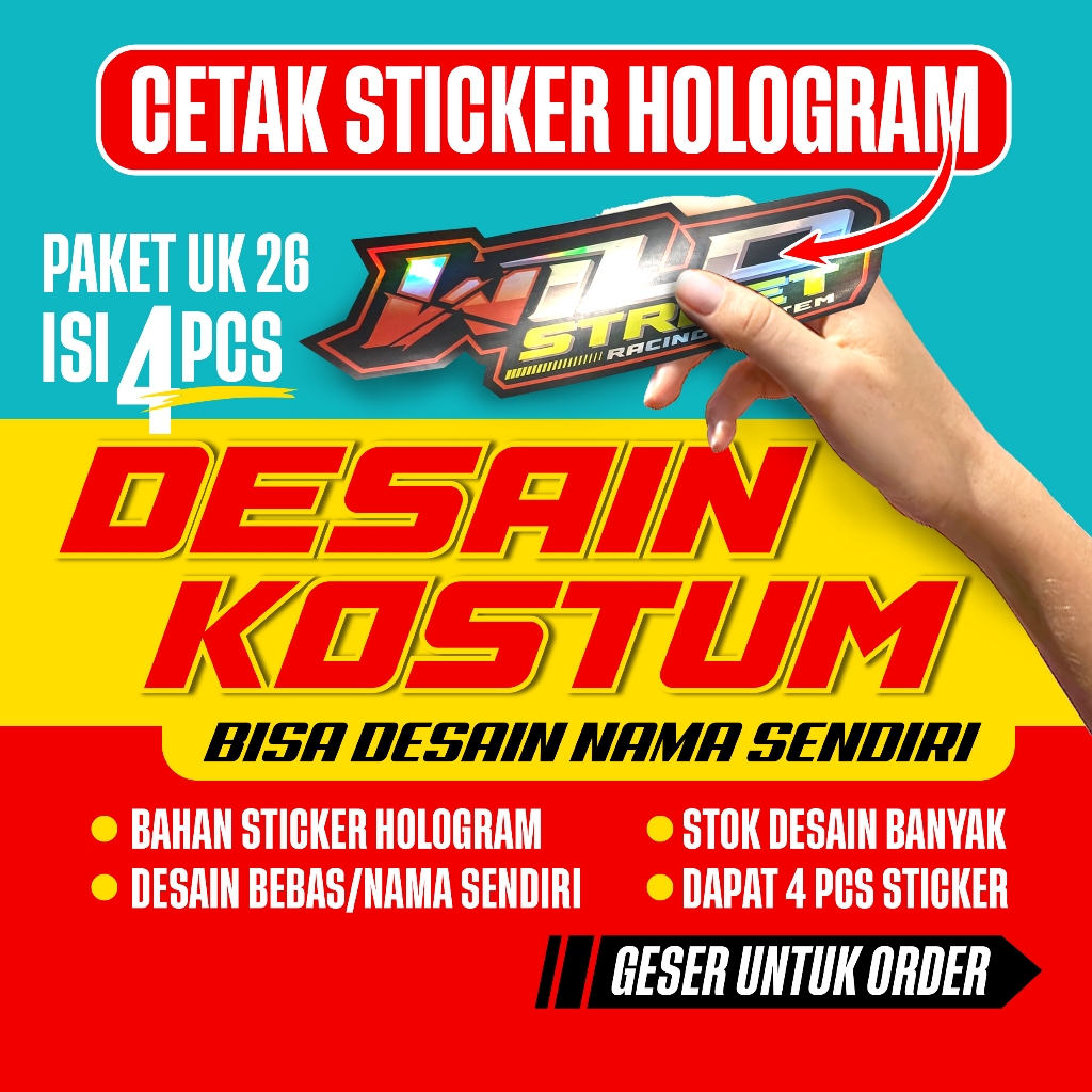 

Cetak Sticker Hologram Desain Kostum Suka-suka bisa pake nama sendiri isi 4pcs (ukuran 26cm)
