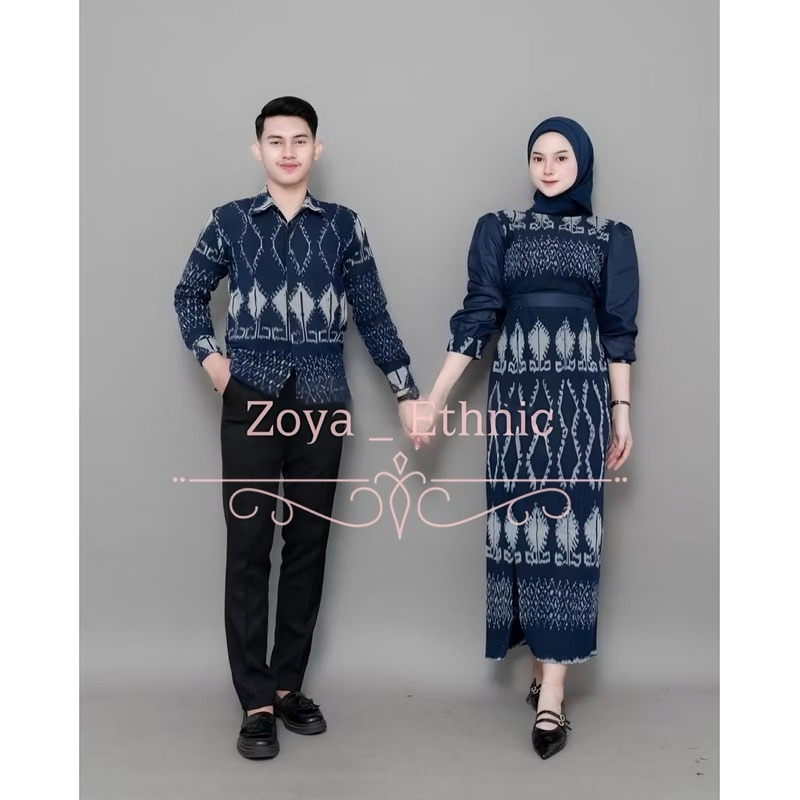 Ready Stock - Set Couple Baju Tenun Zoya Navy Baju Tenun Kondangan Baju Tenun Couple Pasangan