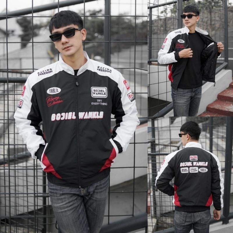 Thebojiel Jaket Parasut Taslan Jaket Racing Full Bordel Pria Wanita Waterproof Windbreaker Original