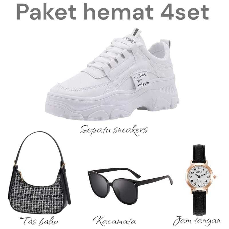 Paket hemat 4set sepatu sneakers wanita+jam+kacamata+tas bahu cassy wanita