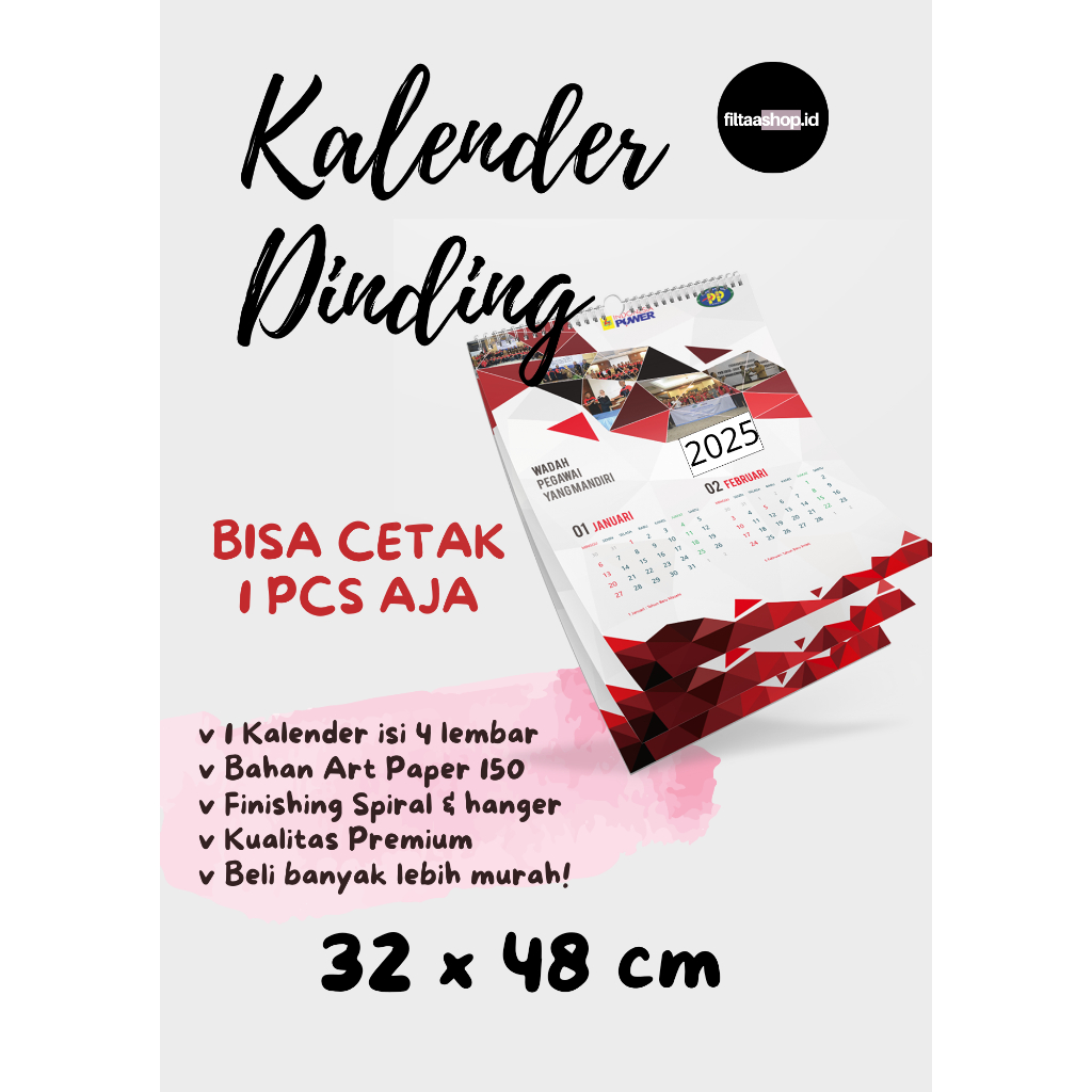 

CUSTOM Kalender Dinding 4 LEMBAR, Ukuran 32x48 cm Bahan Art Paper 150, Finishing Spiral dan Hanger