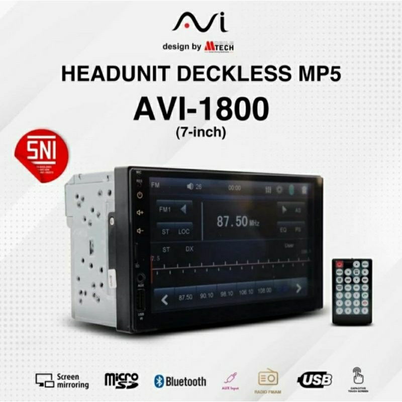 Head Unit Double Din Deckless 7 inch AVI-1800 MP5 Autolink Full Glass Panel Dos Merah Deckles Mobil 