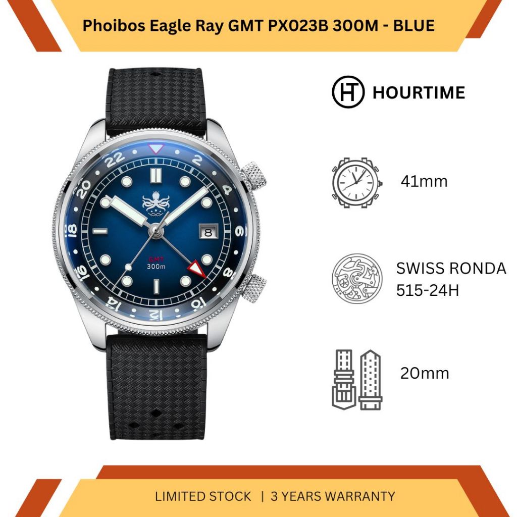 Jam Tangan Pria Phoibos Eagle Ray 300M Dive Watch PX023B Sunray Blue Quartz