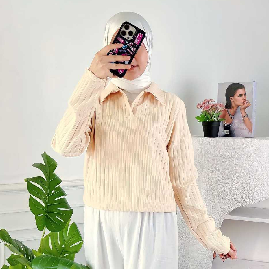 KAOS CROP POLO HORNET KNIT TOP / CROP HORNET KERAH POLO LENGAN PANJANG