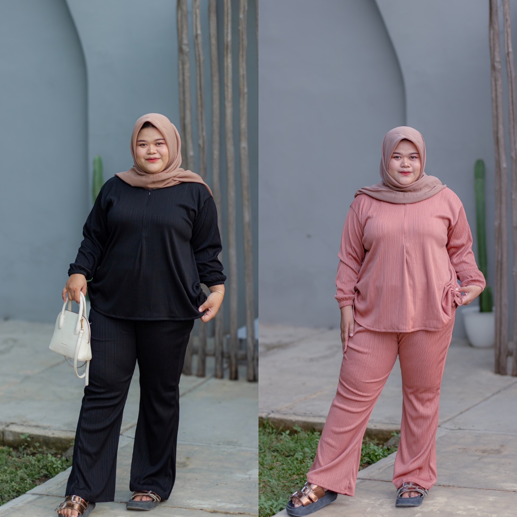 One Set Jumbo Wanita Celana Cutbray Serut Aktif Resleting Depan Bahan Adem Setcel Knit Condru COD