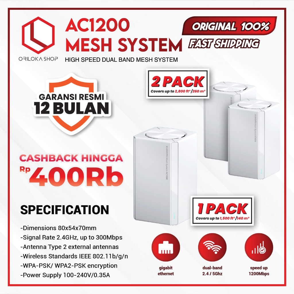 Xiaomi Mi Mesh System AC1200 Router Dual Band Gigabit Network 2.4 GHz / 5GHz 1200 Mbps Garansi Resmi